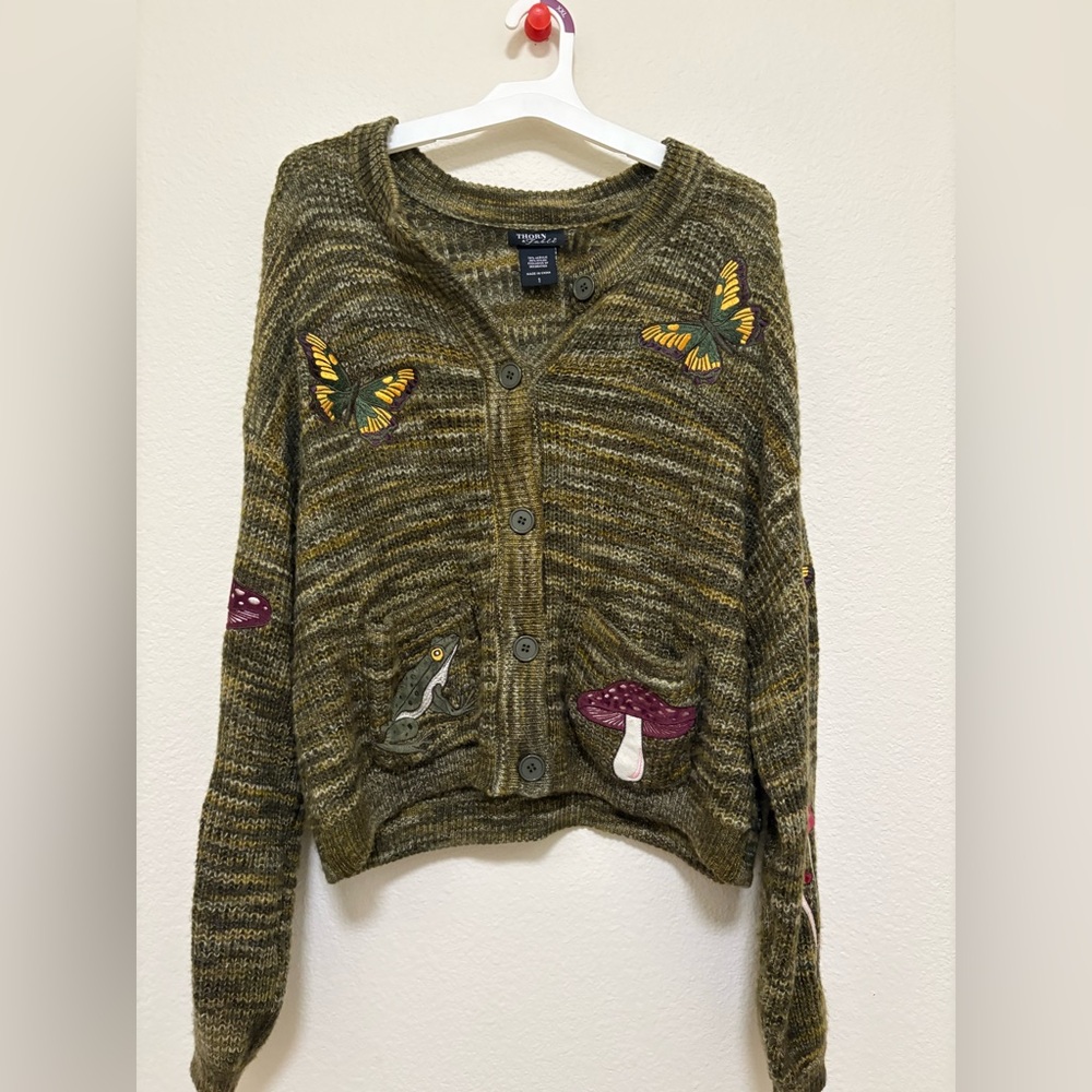 Olive Cardigan with Butterfly and Mushroom Embroidery